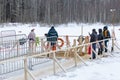 Moscow, Russia, 01/19/2019: Epiphany bathing in the ice hole in winter. Undressed people in ice water