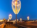 Moscow, Russia - Feb 21. 2020. Beautiful lanterns on Bolshoy Moskvoretsky bridge