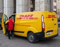 Moscow, Russia - Feb 21, 2020. DHL car - an international express delivery company on Academician Sakharov Avenue