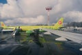 Moscow, Russia Feb. 26, 2016: S7 Siberian Airlines Airliners with ladders in Domodedovo Airport. View from another