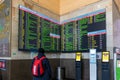 Moscow, Russia - Feb 20. 20201. teenager with backpack looks at train timetable at Kazansky terminus