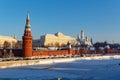 Moscow, Russia - February 01, 2018: Architectural ensemble of Moscow Kremlin at sunny winter day. Views from the Bol`shoy Kamenny Royalty Free Stock Photo