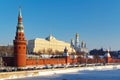 Moscow, Russia - February 01, 2018: Architectural ensemble of Moscow Kremlin at sunny winter day. Views from the Bol`shoy Kamenny Royalty Free Stock Photo