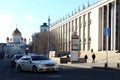 The car of the road patrol service of the police accompanies the car in the center of Moscow
