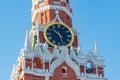 Moscow, Russia - February 01, 2018: Chimes clock of the Spasskaya Tower of Moscow Kremlin closeup. Moscow Kremlin in winter Royalty Free Stock Photo