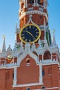 Moscow, Russia - February 01, 2018: Chimes clock of the Spasskaya Tower of Moscow Kremlin closeup. Moscow Kremlin in winter Royalty Free Stock Photo