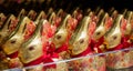 MOSCOW, Russia, February 2021: Close-up of many Lindt chocolate bunnies on the shelf of a company store. Limited collection of