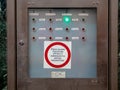 Moscow, Russia - February 8, 2020: Escalator control panel in hall of Moscow metro. Status indicators of operational running