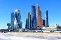 Moscow, Russia - February 14, 2019: Expocenter and Moscow International Business Center Moscow-City on a bright winter frosty day