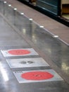 Moscow, Russia - February 8, 2020: Fire hatches at the Moscow metro station. Red covers on the floor of the platform at the wells