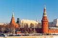 Moscow, Russia - February 01, 2018: Fortress wall and Moscow Kremlin towers at sunny winter day. Views from the Bol`shoy Kamennyy