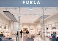 Moscow Russia - February 02 2022: Furla luxury bags store in shopping center, brand sign at the enter