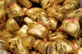 MOSCOW, Russia, February 2021: A heap of golden Lindt chocolate bunnies