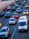 Moscow, Russia - February 8, 2020: Heavy traffic on the third traffic ring on a sunny Saturday afternoon. In extreme row an