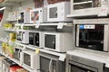 Moscow, Russia - February 02. 2016. microwave oven in Eldorado, large chain stores selling electronics Royalty Free Stock Photo