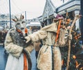 MOSCOW, RUSSIA- FEBRUARY 2017: The mummers walk the streets and entertain the people. Disguised in the wood goblin and