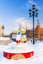 MOSCOW, RUSSIA-FEBRUARY 1, 2018: The official mascot of the FIFA World Cup 2018 wolf Zabivaka at the Manege Square in Moscow.