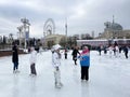 Moscow, Russia, February, 07, 2023. People skating on outdoor skating rink at the VVC. Russia, the city of Moscow