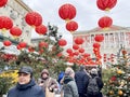 Moscow, Russia, February, 11, 2024. People walking along Tverskaya Square in Moscow during the Chinese New Year Royalty Free Stock Photo
