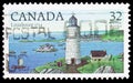 Postage stamp printed in Canada shows Louisbourg, NS 1734, Canadian Lighthouses 1st series serie, circa 1984