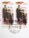 Postage stamp printed in Russia with stamp of Novosibirsk town Post office shows Postmaster and Telegraphist 1870, History of