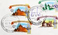 Postage stamp printed in Russia with stamp of Sankt Petersburg shows Tobolsk, Pskov and Nizhny Novgorod Kremlins, serie, circa Royalty Free Stock Photo