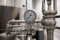 MOSCOW, RUSSIA. 07 February 2018: Pressure gauge manometer, valves and pipes made of white metal Royalty Free Stock Photo