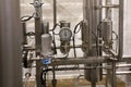 MOSCOW, RUSSIA. 07 February 2018: Pressure gauge manometer, valves and pipes made of white metal Royalty Free Stock Photo