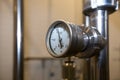 MOSCOW, RUSSIA. 07 February 2018: Pressure gauge manometer of white metal - brewing equipment. Royalty Free Stock Photo