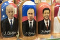 Moscow , Russia - February 28, 2022: Putin, Biden and Xi Jinping in the form of Russian nesting dolls in a gift shop in