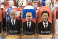 Moscow , Russia - February 26, 2022: Putin, Biden and Xi Jinping in the form of Russian nesting dolls in a gift shop in