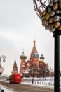 Saint Basil`s Cathedral in center city on Red Square in snowy winter, Moscow, Russia Royalty Free Stock Photo