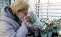 Moscow, Russia, February 2022: Senior woman in a medical mask sniffs pink roses in pots and wrapped: sale in the greenhouse.