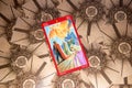 Tarot card Five of Swords. Dragon tarot deck. Esoteric background.