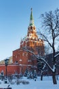 Moscow, Russia - February 01, 2018: Tower of Moscow Kremlin closeup on a sunny winter day. Views from Alexandrovsky garden Royalty Free Stock Photo