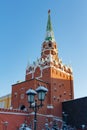 Moscow, Russia - February 01, 2018: Tower of Moscow Kremlin closeup on a sunny winter day. Views from Alexandrovsky garden