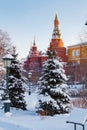 Moscow, Russia - February 01, 2018: Towers of Moscow Kremlin on the snow-covered trees background. Views from Alexandrovsky garden Royalty Free Stock Photo