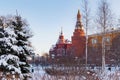 Moscow, Russia - February 01, 2018: Towers of Moscow Kremlin on the snow-covered trees background. Views from Alexandrovsky garden