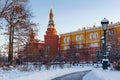 Moscow, Russia - February 01, 2018: Towers of Moscow Kremlin on the snow-covered trees background. Views from Alexandrovsky garden