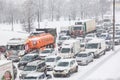 MOSCOW, RUSSIA - FEBRUARY, 2018: Traffic jam on the MKAD circle Moscow road during blizzard snowstorm. Royalty Free Stock Photo