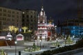 Moscow, Russia - February 04, 2020: View of the bell tower of Khram Georgiya Pobedonostsa in Zvezd Estrady Square Royalty Free Stock Photo
