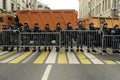 Moscow, Russia - February 29, 2020. Young russian soldiers stand in a cordon on the march dedicated to Boris Nemtsov