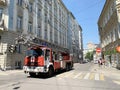 Moscow, Russia, June. 20, 2019. Fire truck on the basis of the Italian car Iveco Magirus in Lyalin lane in summer day in Moscow