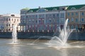 Moscow, Russia - 09.21.2015. Fountains on Moscow river drainage channels Royalty Free Stock Photo