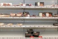 Moscow, Russia, 26/03/2020: Half-empty shelves in a supermarket. Meat semi-finished products. Close-up