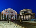 Moscow, Russia - January 10. 2018. Christmas light arbor near the Bolshoi Theater. Royalty Free Stock Photo