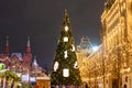 Christmas market on Red Square in Moscow for the New Year. The snowstorm. Royalty Free Stock Photo