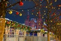 Christmas market on Red Square in Moscow for the New Year. The snowstorm. Royalty Free Stock Photo