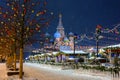 Christmas market on Red Square in Moscow for the New Year. The snowstorm. Royalty Free Stock Photo