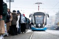 Moscow, RUSSIA - January 31, 2021: Moscow tram on the stop during a political rally